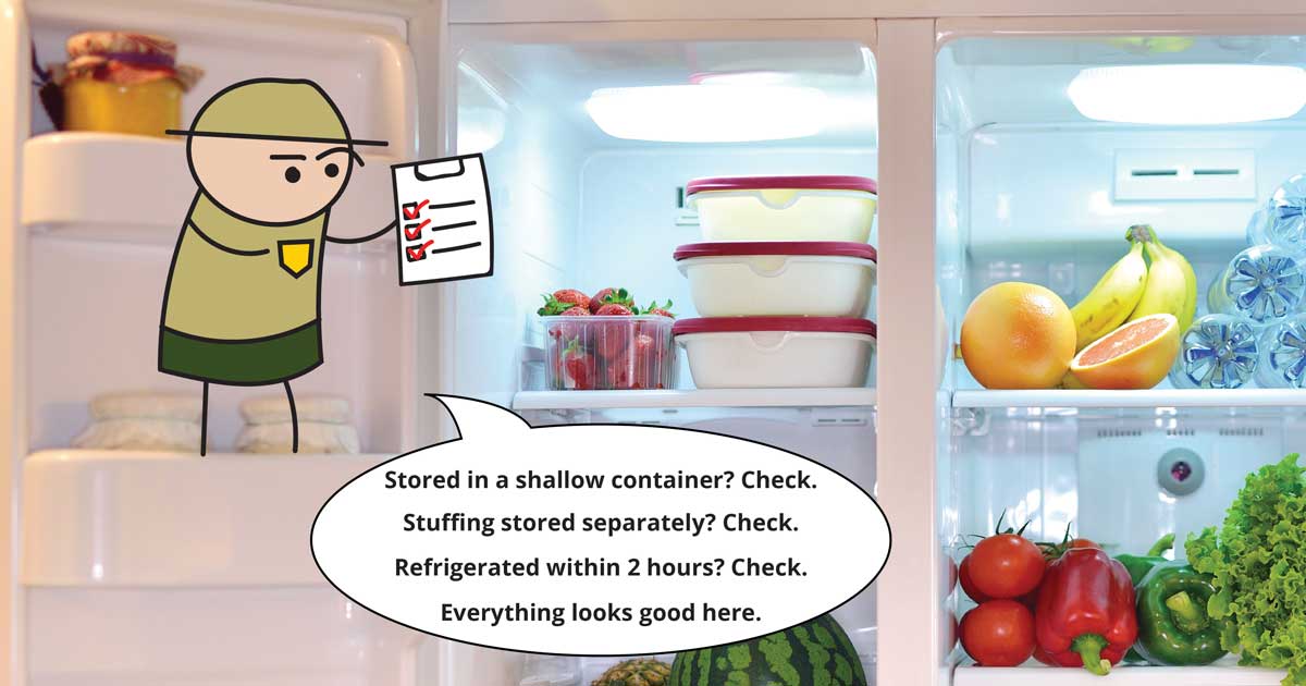 Stored in a shallow container? Check. Stuffing stored separately? Check. Refrigerated within 2 hours? Check. Everything looks good here.